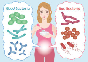 Young woman eats yogurt for her gut microbiome to build up the good microbiota against the bad microbiota